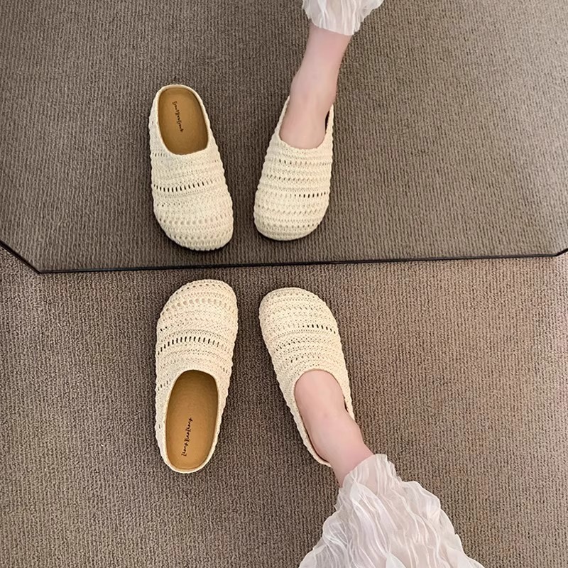 女性用ラフィア織りミュールスリッパ、夏用通気性メッシュ、つま - Slip On Mule Flat のレビューと価格