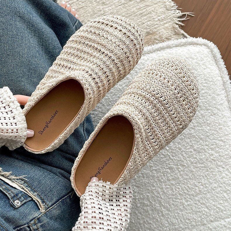 女性用ラフィア織りミュールスリッパ、夏用通気性メッシュ、つま - Slip On Mule Flat のレビューと価格