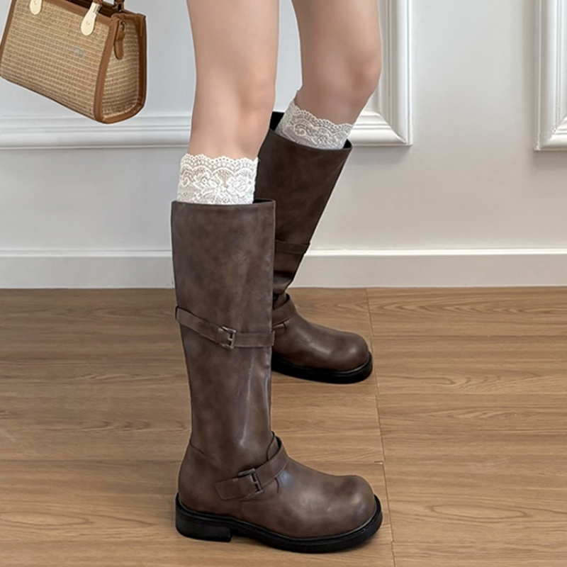 ヴィンテージベルトバックル付きレディースニーハイブーツ、エレ - Knee High Boots Women のレビューと価格