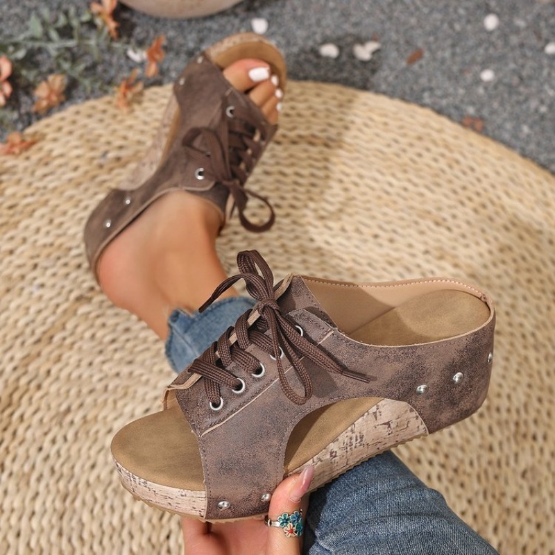 レディースサンダル ウェッジ オープン トゥ ミッドヒール  - Cork Wedge Sandal のレビューと価格