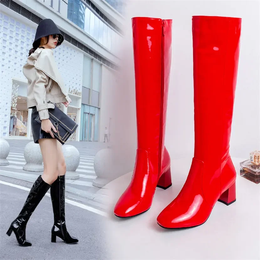 女性のための赤と白のパテントレザーニーハイブーツ,ブロックヒ - Knee High Boots Women のレビューと価格