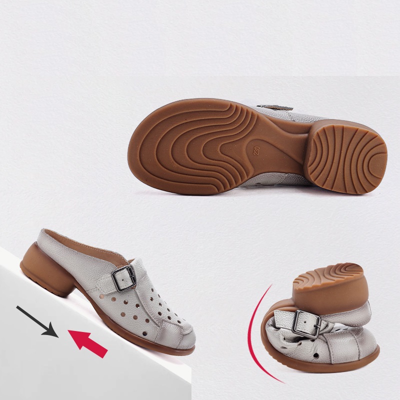 新しい牛革製ローヒールサンダル レディース ホローアウト ミ - Slip On Mule Flat のレビューと価格