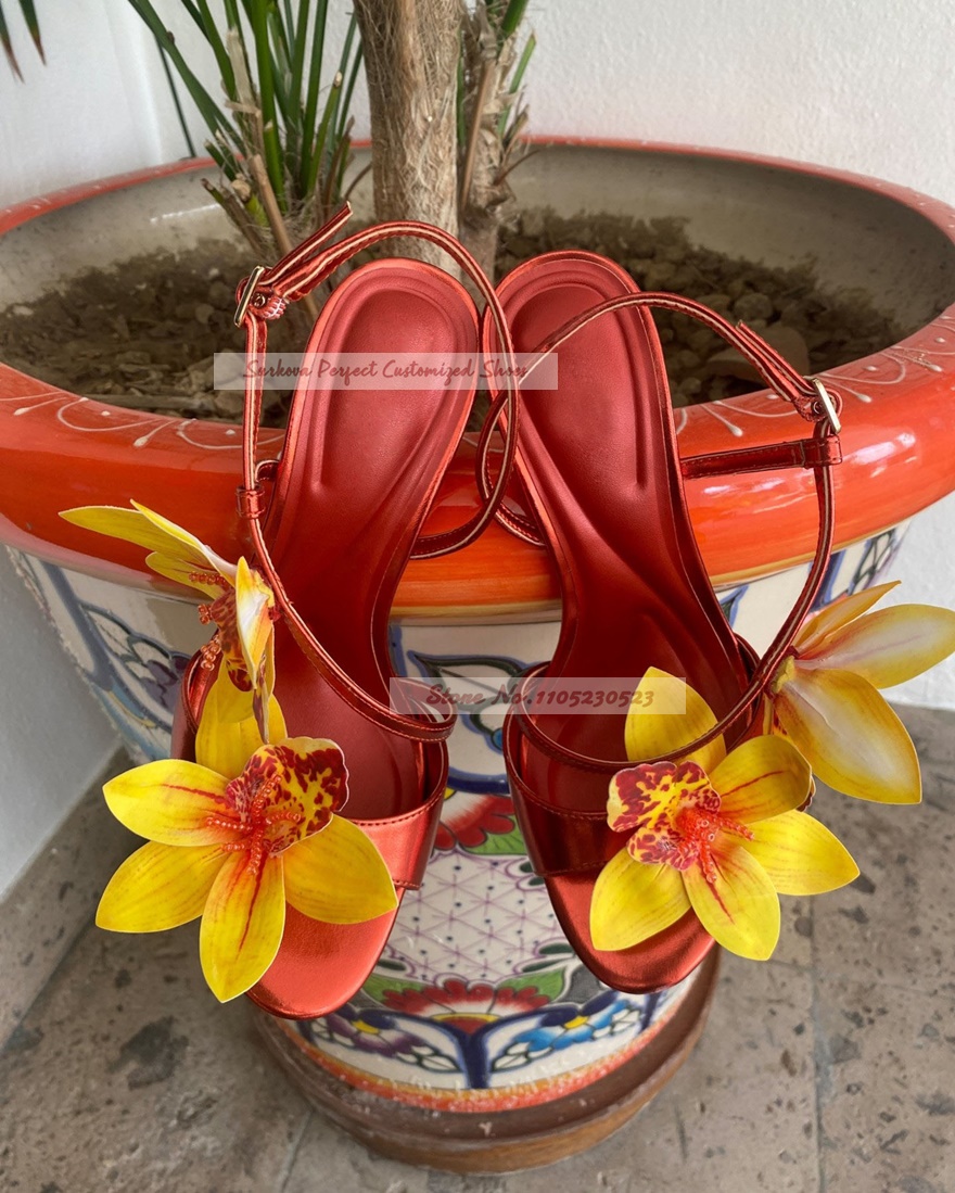 メタリックマットスリングバックフラワーデコレーションハイヒー - Women'S Shoes Yellow のレビューと価格