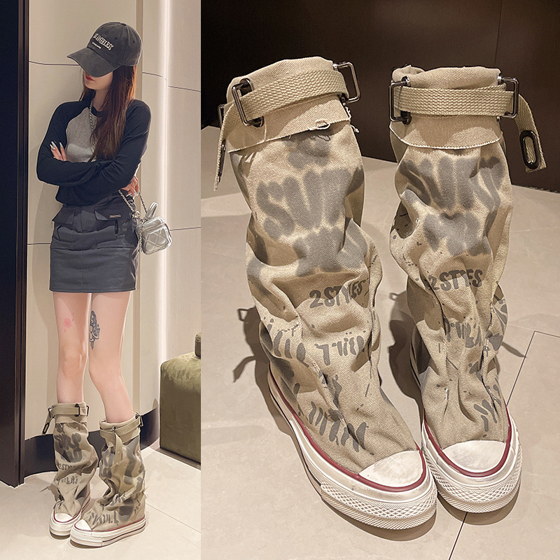 グラフィティハイトップキャンバスシューズ女性のハイトップブー - Knee High Boots Women のレビューと価格