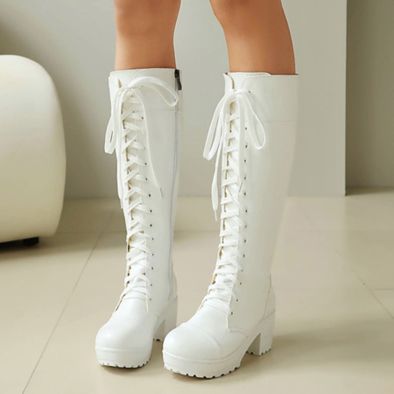 レディース ニーハイ レースアップ コンバットブーツ チャン - Knee High Boots Women のレビューと価格