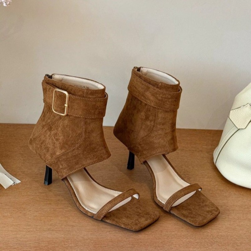 レトロ夏新作スクエアトゥオープントゥハイヒールコールドブーツ - Women Shoes Boots のレビューと価格